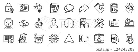 Smartphone waterproof, Block diagram and Fingerprint lock line icons pack. Share, Message, Paper plane icons. Computer, Metro, Technical info web icon. Checklist, Eco energy, Empower pictogram. Vector Smartphone waterproof, Block diagram and Fingerprint lock line icons pack. Share, Message, Paper plane icons. Computer, Metro, Technical info web icon. Checklist, Eco energy, Empower pictogram. Vector 124243208