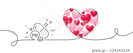 Manganese mineral line icon. Continuous line big heart. Chemical element Mn sign. Capsule or pill symbol. 3d hearts in heart shaped loop. Manganese mineral single line ribbon. Vector Manganese mineral line icon. Continuous line big heart. Chemical element Mn sign. Capsule or pill symbol. 3d hearts in heart shaped loop. Manganese mineral single line ribbon. Vector 124243234