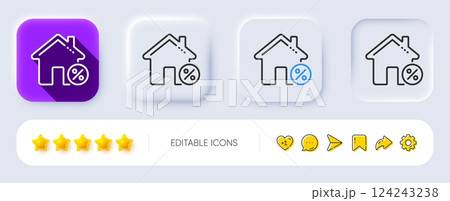 Loan house percent line icon. Neumorphic, Flat shadow, 3d buttons. Discount sign. Credit percentage symbol. Line loan house icon. Social media icons. Vector 124243238