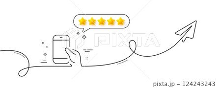 Hold Smartphone icon. Continuous line with share plane. Give Cellphone or Phone sign. Communication Mobile device symbol. Five star rate review in speech bubble. Vector 124243243