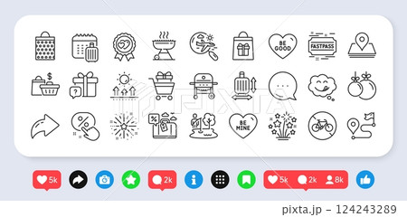 Fireworks explosion, Gas grill and Holidays shopping line icons pack. Social media: share, comment, like icons. Travel loan, Journey, Pin web icon. Sun protection, Fastpass, Be good pictogram. Vector 124243289