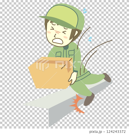 A male delivery man trips on a step while carrying a package 124243372