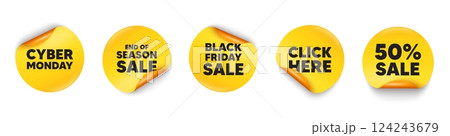 Cyber monday sticker tag. 50 percent discount, Black friday paper price banners. Cyber Monday Sale tag. Special offer price sign. Advertising Discounts symbol. Click here sticker. Vector 124243679