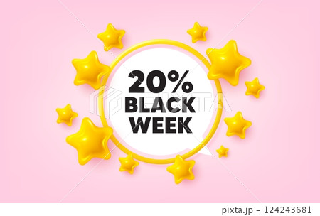 Black week frame banner. Speech bubble offer. Black week 20 percent sale. Special discount sign. Black friday offer symbol. 3d stars glitter tag. Golden frame banner. Vector 124243681