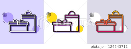 Gift box with bag line icon. Halftone dotted pattern. Gradient icon with grain shadow. Present or Sale sign. Birthday Shopping symbol. Package in Gift Wrap. Line gifts icon. Various designs. Vector 124243711