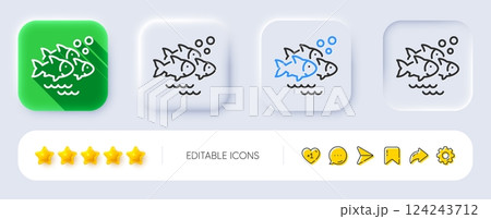 Fish school line icon. Neumorphic, Flat shadow, 3d buttons. Shoal of gill-bearing animals sign. Flock of salmon symbol. Line fish school icon. Social media icons. Vector 124243712
