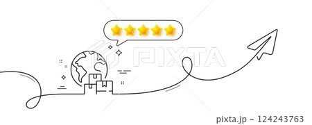 International delivery line icon. Continuous line with share plane. Logistic service sign. Export freight boxes symbol. Five star rate review in speech bubble. Vector International delivery line icon. Continuous line with share plane. Logistic service sign. Export freight boxes symbol. Five star rate review in speech bubble. Vector 124243763