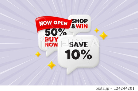 Discount speech bubbles. Now open flag ribbon. Save 10 percent off tag. Sale Discount offer price sign. Special offer symbol. Discount chat bubbles with 3d sparkles. Vector Discount speech bubbles. Now open flag ribbon. Save 10 percent off tag. Sale Discount offer price sign. Special offer symbol. Discount chat bubbles with 3d sparkles. Vector 124244201