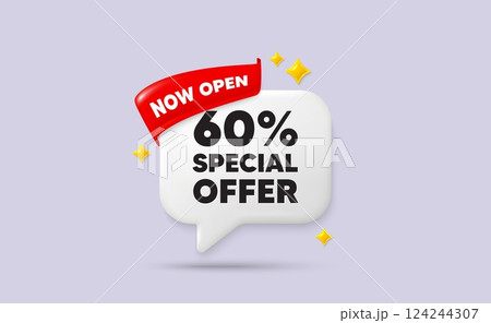Discount chat speech bubble. Now open flag ribbon. 60 percent discount offer tag. Sale price promo sign. Special offer symbol. 3d sparkle stars speech bubble. Vector 124244307