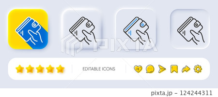 Wallet line icon. Neumorphic, Flat shadow, 3d buttons. Hand hold money purse sign. Cash budget symbol. Line wallet icon. Social media icons. Vector 124244311