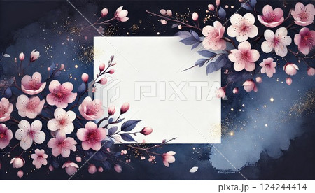 夜空に咲く桜と花びらのフレーム 夜空に咲く桜と花びらのフレーム 124244414