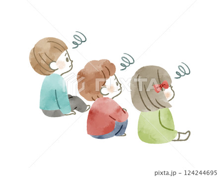困った表情で座っている3人の子ども-水彩 124244695