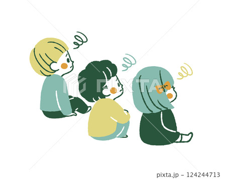 困った表情で座っている3人の子ども-4色 124244713