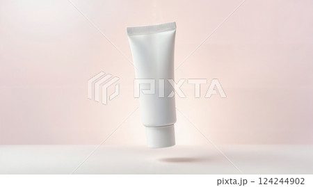 Creative layout with levitating beauty products on pink background 124244902