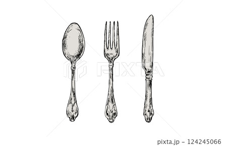 アンティークな手描きカトラリー（スプーン、フォーク、ナイフ） 124245066