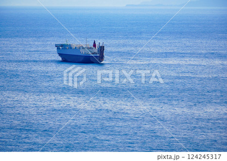 青い太平洋を進む大型貨物船の風景 124245317