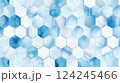 Hexagonal tiles arranged in a honeycomb pattern, featuring a mix of light blue and white marbled textures.	 124245466