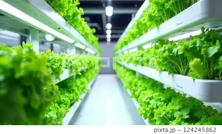 Interior of a high-tech vertical greenhouse with lush green plants, organized shelving system, concept of innovative agriculture and food technology 124245862