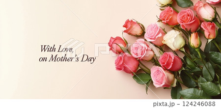 Elegant Mothers Day Card Design with Photorealistic Roses on Beige Background 124246088