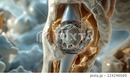 Cutaway Illustration of Knee Joint Endoprosthesis Demonstrating Motion and Stability 124246089