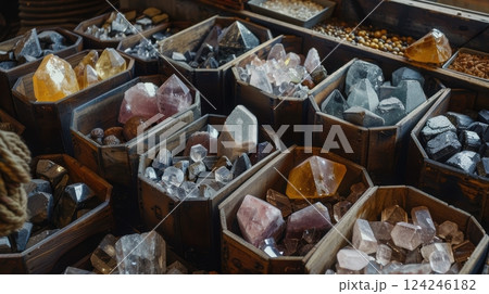 Raw Rare Earth Minerals Displayed in Rustic Wooden Containers for Natural-Themed Design Projects 124246182