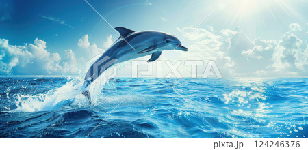 Joyful Dolphin Leaping Over Ocean Waves for Wellness Brand Visuals 124246376