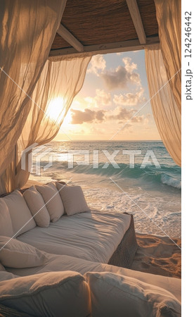 Luxury Beach Cabana at Sunset with Flowing Curtains and Ocean View for Relaxation Design 124246442