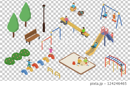 Isometric illustration: Children playing in the park set 124246465