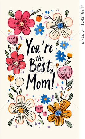 Colorful Mother's Day Card Design with Hand-Drawn Flowers and Heartfelt Message 124246547