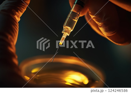 Surgeon Preparing Saline Implant with Sterile Syringe for Medical Procedure 124246586