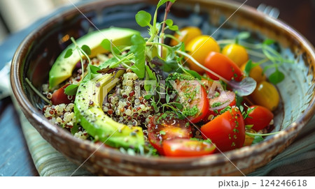 Rustic Quinoa Salad with Avocado, Cherry Tomatoes, and Microgreens for Healthy Living Rustic Quinoa Salad with Avocado, Cherry Tomatoes, and Microgreens for Healthy Living 124246618
