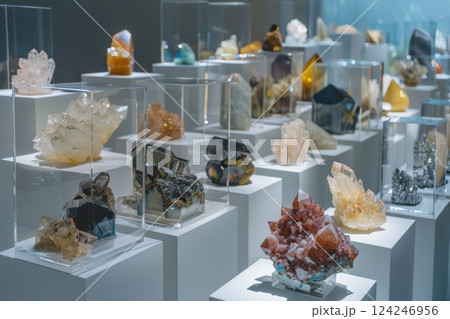 Rare Earth Mineral Crystals Exhibition Displayed in Modern Gallery Setting with Soft Lighting 124246956