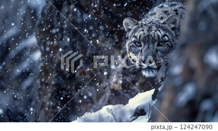 Himalayan Snow Leopard in a Snowfall Scene Blending with Rugged Rocky Landscape Himalayan Snow Leopard in a Snowfall Scene Blending with Rugged Rocky Landscape 124247090