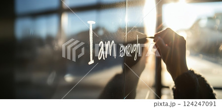 Motivational Message on Foggy Mirror with Sunlight in Minimalist Bathroom Design Motivational Message on Foggy Mirror with Sunlight in Minimalist Bathroom Design 124247091
