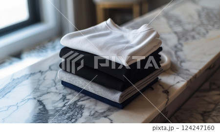 Colorful Folded Sweatshirts on Marble Countertop for Fashion and Retail Display 124247160
