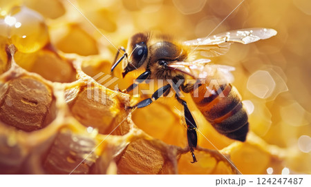 Honeybee on Honeycomb: Symbol of Raw Organic Honey for Premium Food Branding Design Honeybee on Honeycomb: Symbol of Raw Organic Honey for Premium Food Branding Design 124247487