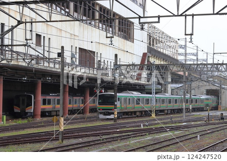JR大宮工場にて改造中の上越線E129系・高崎線E231系電車（埼玉県さいたま市大宮区） 124247520