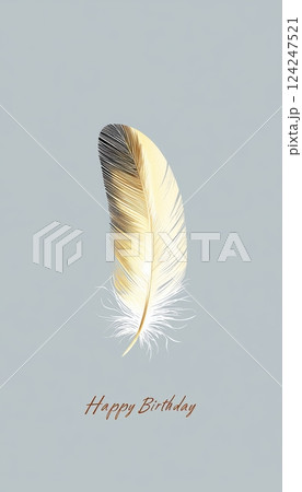 Minimalist Happy Birthday Card with Elegant Gold Feather on Soft Gray Background 124247521