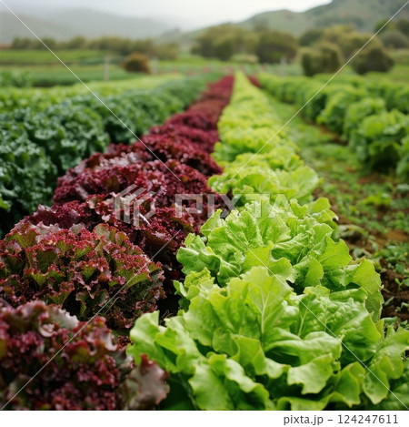 Colorful Rows of Fresh Lettuce in a Vibrant Agricultural Field 124247611