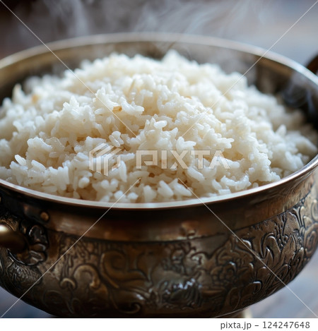 Steaming Bowl of White Rice Served in an Ornate Bowl 124247648