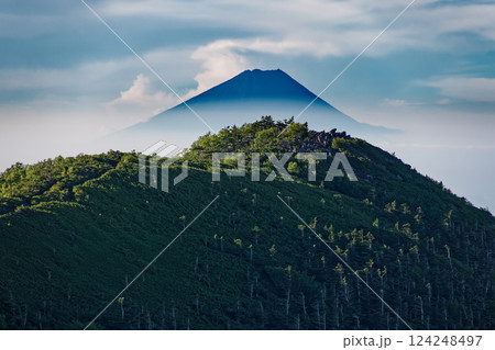 八ヶ岳連峰・権現岳への登りから見る三ツ頭と富士山 124248497