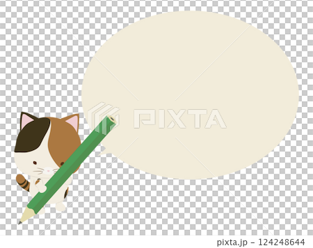拿著鉛筆的三色貓。帶有對話泡泡 124248644