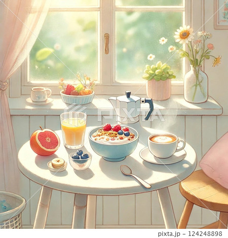 おうちカフェ ヘルシー朝食 イラスト Generative AI おうちカフェ ヘルシー朝食 イラスト Generative AI 124248898