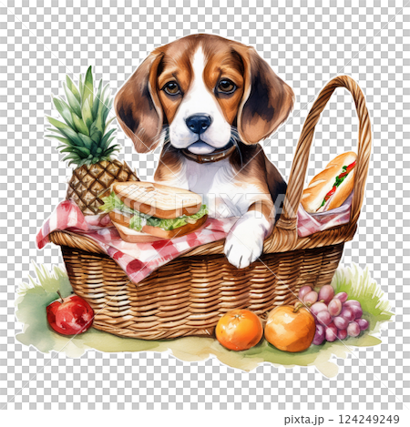 ピクニックバスケットに入るビーグルの子犬のイラスト4／チラシやポスター用素材 124249249