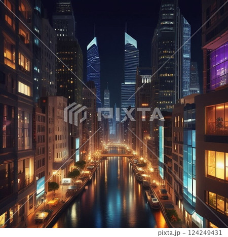 高層ビルが立ち並ぶ都会の夜景 124249431