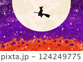 満月の夜にほうきで飛ぶ魔女の水彩背景素材 124249775