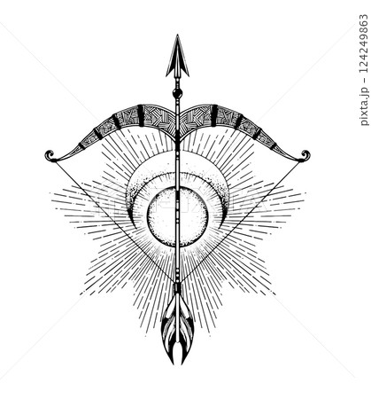Bow and arrow hand drawing, crossbow vintage engraving, sagittarius zodiac sign with sun and moon, mystical symbol, tattoo. Isolated Vector illustration. 124249863