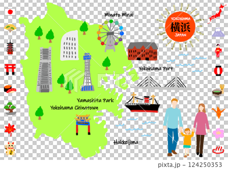 橫濱旅遊景點手繪平面插畫地圖 124250353