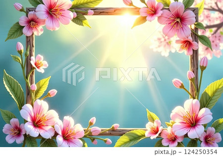 Spring themed Rectangular wooden decorative frame with text inside in sun rays, is adorned with spring pastel flowers on spring blue pastel background. AI generated 124250354