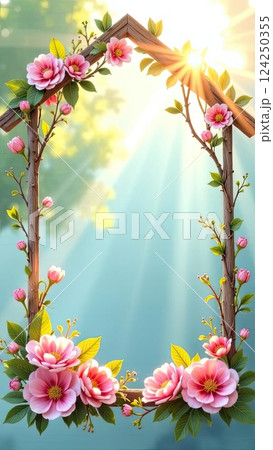 Home-shape decorative frame in sun rays, is adorned with spring pastel flowers on spring blue background. Real estate, realtor, mortgage, insurance, booking, construction, insulation. AI generated 124250355